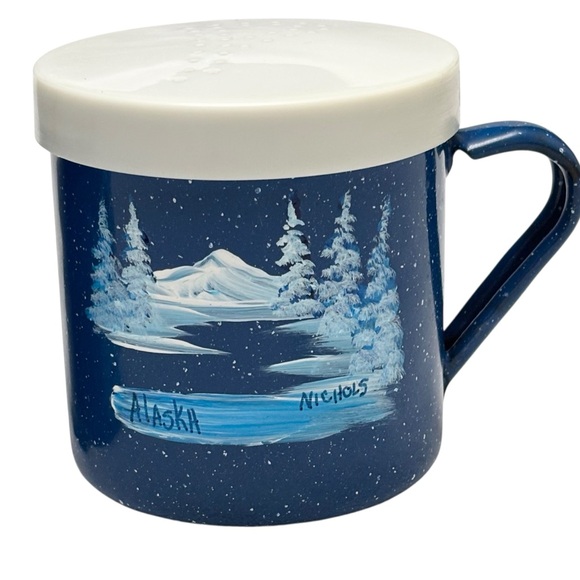 VTG Claim 49 Hand Painted Alaska Scene Blue Enamelware Salt & Pepper Shakers - Picture 3 of 10